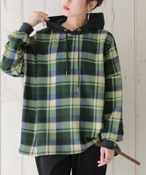 osharewalker（オシャレウォーカー）の「【廃盤】『チェック柄起毛パーカー』（パーカー・レディース・グリーン/ブラウン・FREE）」の4枚目の写真