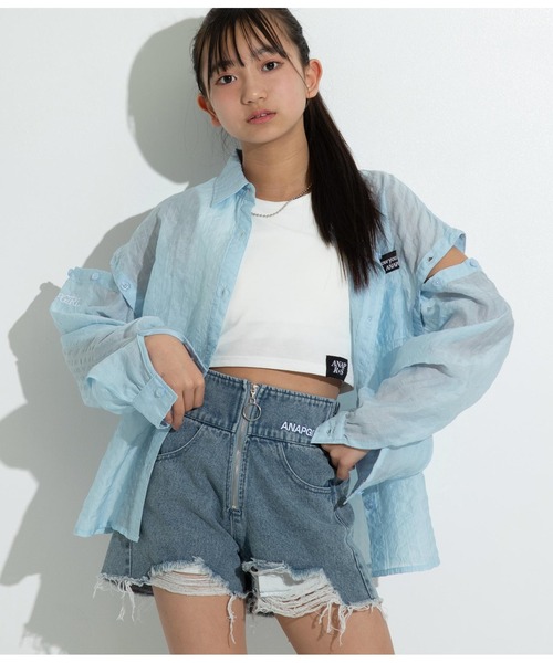 ANAP GｉRL（アナップガール）の「2WAYシアーシャツ（シャツ/ブラウス・キッズ・サックスブルー/ブラック・M/S）」の2枚目の写真