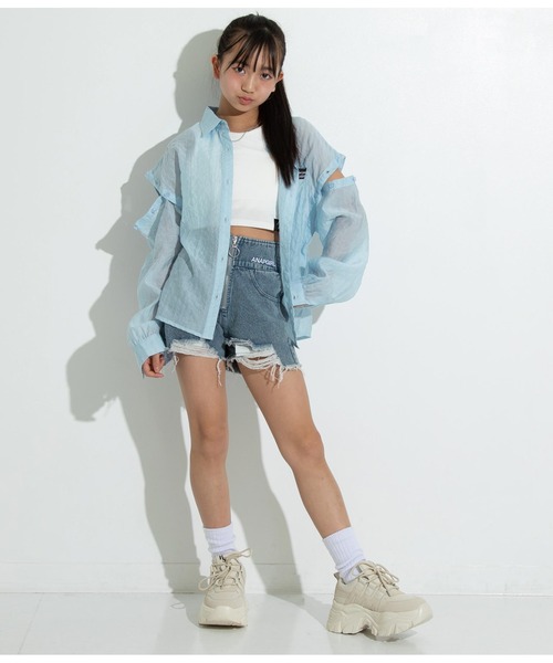 ANAP GｉRL（アナップガール）の「2WAYシアーシャツ（シャツ/ブラウス・キッズ・サックスブルー/ブラック・M/S）」の5枚目の写真