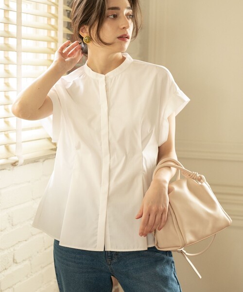 UVバンドカラーペプラムシャツブラウス【UV/イージーケア/洗濯機洗い可】