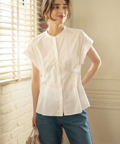 UVバンドカラーペプラムシャツブラウス【UV/イージーケア/洗濯機洗い可】