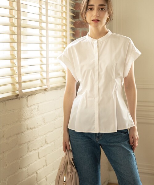 UVバンドカラーペプラムシャツブラウス【UV/イージーケア/洗濯機洗い可】