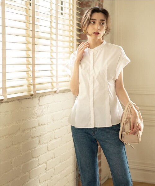 UVバンドカラーペプラムシャツブラウス【UV/イージーケア/洗濯機洗い可】