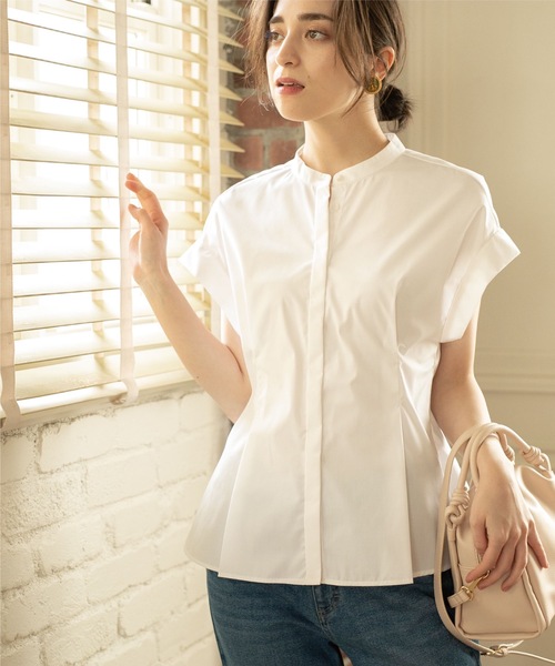 UVバンドカラーペプラムシャツブラウス【UV/イージーケア/洗濯機洗い可】