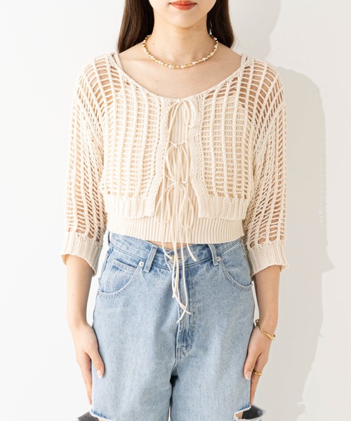 セール】メッシュ2wayリボンカーデ+キャミSET（カーディガン