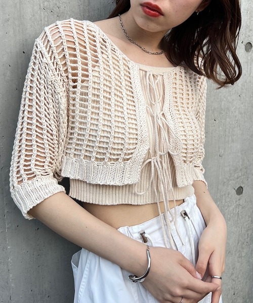 メッシュ2wayリボンカーデ＋キャミセット Chico アイボリー セール】メッシュ2wayリボンカーデ+キャミSET（カーディガン