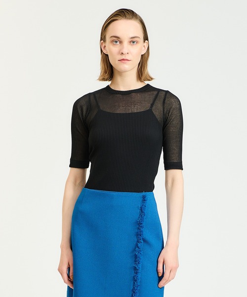 ESTNATION（エストネーション）の「ESTNATION / コットンナイロンシアーハーフスリーブニット（ニット/セーター・レディース・オフホワイト/ブラック・FREE）」の2枚目の写真