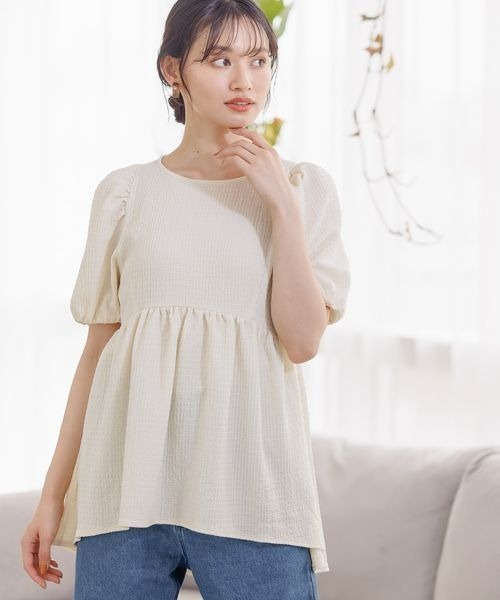 mysty woman(ミスティウーマン)の「ペプラムパフスリーブチュニック 964518(Tシャツ/カットソー・レディース・ブラック/サックスブルー/オフホワイト・FREE)」の2枚目の写真