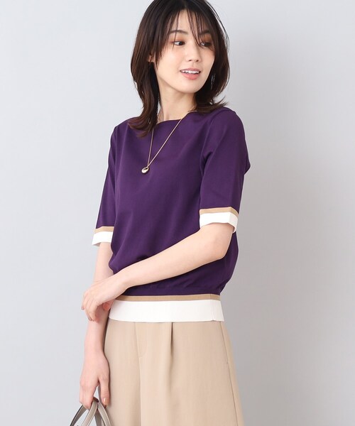 UNTITLED(アンタイトル)の「◆【今すぐ活躍!/アンサンブル可能/洗える】コットン混 配色5分袖ニット(ニット/セーター・レディース・ベージュ系4/ブラック系4/パープル系その他・48/01/03/02/44/04/00)」の3枚目の写真