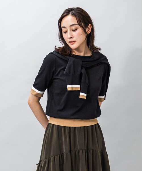 UNTITLED(アンタイトル)の「◆【今すぐ活躍!/アンサンブル可能/洗える】コットン混 配色5分袖ニット(ニット/セーター・レディース・ベージュ系4/ブラック系4/パープル系その他・48/01/03/02/44/04/00)」の13枚目の写真