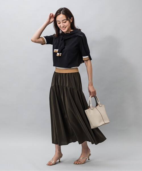 UNTITLED(アンタイトル)の「◆【今すぐ活躍!/アンサンブル可能/洗える】コットン混 配色5分袖ニット(ニット/セーター・レディース・ベージュ系4/ブラック系4/パープル系その他・48/01/03/02/44/04/00)」の9枚目の写真