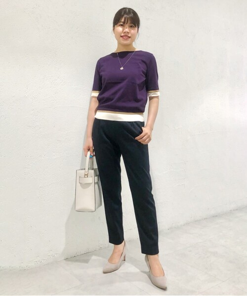 UNTITLED(アンタイトル)の「◆【今すぐ活躍!/アンサンブル可能/洗える】コットン混 配色5分袖ニット(ニット/セーター・レディース・ベージュ系4/ブラック系4/パープル系その他・48/01/03/02/44/04/00)」の5枚目の写真