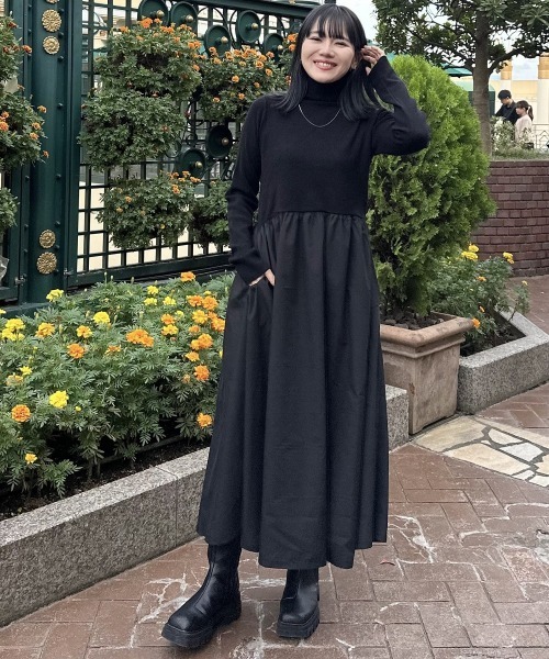 サカイ　ドッキングワンピース　レース　タートルネック　ニット　異素材　黒　2 サカイ ドッキングワンピース レース タートルネック ニット 異