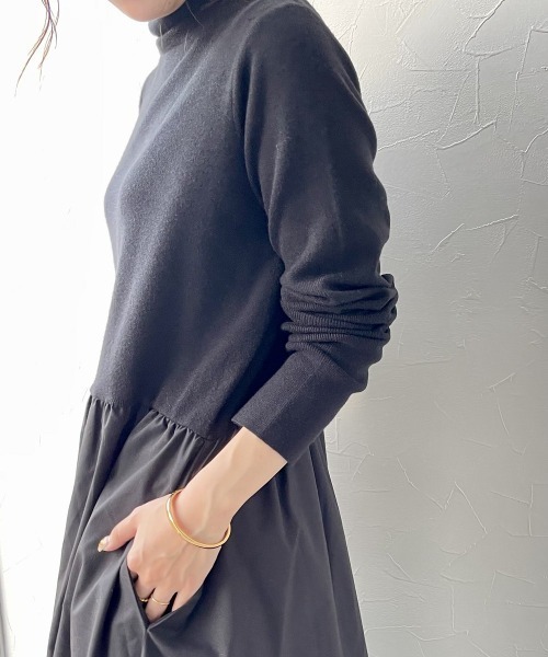 styling/ ニットワンピ 異素材ドッキング　 スタンドカラー　ワンピース SAYAKAさんコラボ ] ニットドッキングワンピース [E3331