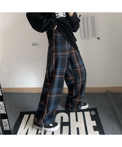 B.I.D.（ビーアイディー）の「チェック柄ルーズワイドレッグパンツ（その他パンツ・レディース・オレンジ/ブルー・LARGE）」の2枚目の写真