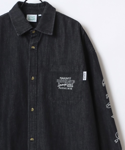 POWER TO THE PEOPLE（パワートゥーザピープル）の「POWER TO THE PEOPLE/パワートゥザピープル オーバーサイズ 袖刺繍 デニム レギュラーカラーシャツ/レディース メンズ（シャツ/ブラウス・メンズ・サックスブルー/ブラック/グレー・LL/M/L）」の11枚目の写真