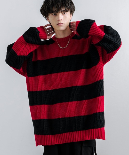Rocky Monroe(ロッキーモンロー)の「オーバーサイズサイドスリット入りボーダークルーネックニット(ニット/セーター・メンズ・チャコール/ロイヤルブルー/レッド/オフホワイト・L/M)」の4枚目の写真