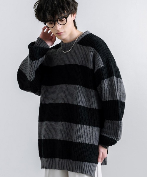 Rocky Monroe(ロッキーモンロー)の「オーバーサイズサイドスリット入りボーダークルーネックニット(ニット/セーター・メンズ・チャコール/ロイヤルブルー/レッド/オフホワイト・L/M)」の10枚目の写真