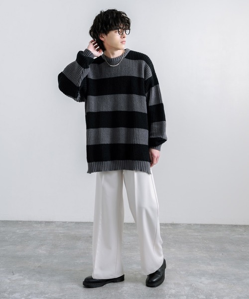 Rocky Monroe(ロッキーモンロー)の「オーバーサイズサイドスリット入りボーダークルーネックニット(ニット/セーター・メンズ・チャコール/ロイヤルブルー/レッド/オフホワイト・L/M)」の11枚目の写真