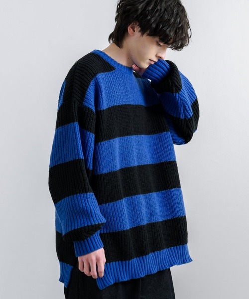 Rocky Monroe(ロッキーモンロー)の「オーバーサイズサイドスリット入りボーダークルーネックニット(ニット/セーター・メンズ・チャコール/ロイヤルブルー/レッド/オフホワイト・L/M)」の14枚目の写真
