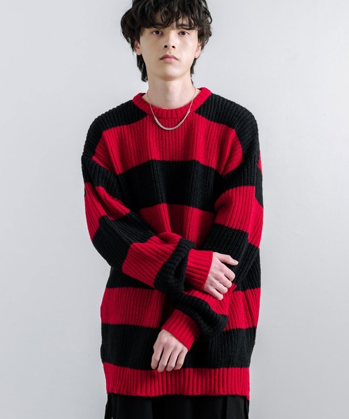 Rocky Monroe(ロッキーモンロー)の「オーバーサイズサイドスリット入りボーダークルーネックニット(ニット/セーター・メンズ・チャコール/ロイヤルブルー/レッド/オフホワイト・L/M)」の17枚目の写真