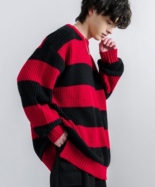 Rocky Monroe(ロッキーモンロー)の「オーバーサイズサイドスリット入りボーダークルーネックニット(ニット/セーター・メンズ・チャコール/ロイヤルブルー/レッド/オフホワイト・L/M)」の18枚目の写真
