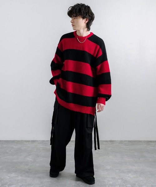 Rocky Monroe(ロッキーモンロー)の「オーバーサイズサイドスリット入りボーダークルーネックニット(ニット/セーター・メンズ・チャコール/ロイヤルブルー/レッド/オフホワイト・L/M)」の19枚目の写真