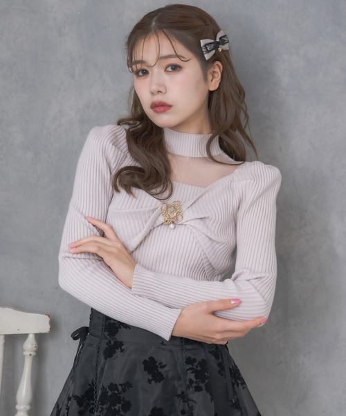 セール】【新色追加】シアーデコルテツイストリボンニット（ニット