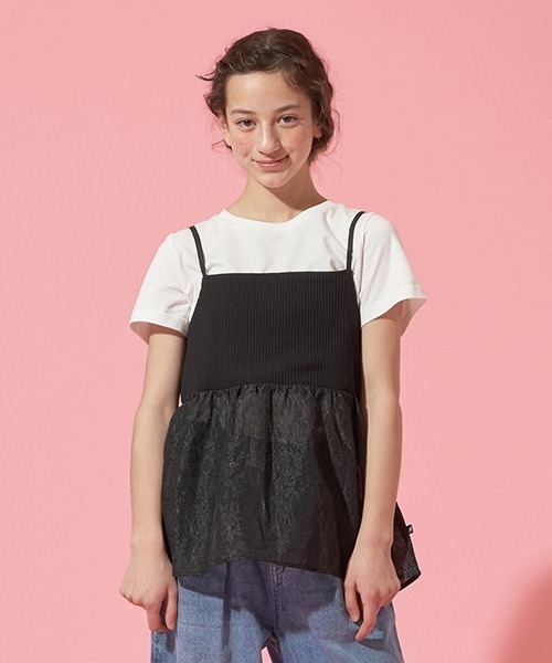 【セール】【AMI】リブ切り替えフラワーチュニック×インナーセット（アンサンブル）｜pom ponette junior（ポンポネットジュニア）