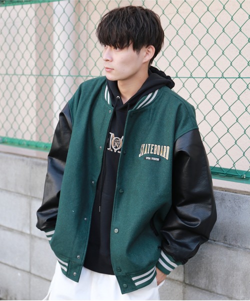 SPINNS 黒 スタジャン ダークグリーン×ブラック L ストリート