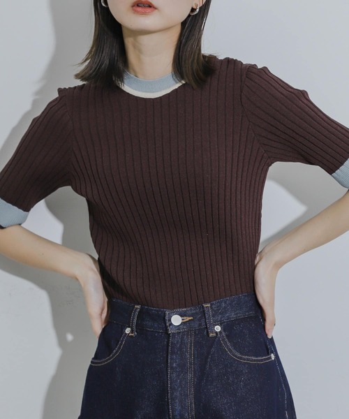 SENSE OF PLACE by URBAN RESEARCH（センスオブプレイスバイアーバンリサーチ）の「バイカラーコンパクトセーター(5分袖)（ニット/セーター・レディース・ライトグレー/ブラック/ライトブルー/アイボリー/ネイビー/ブラウン・ONE）」の4枚目の写真