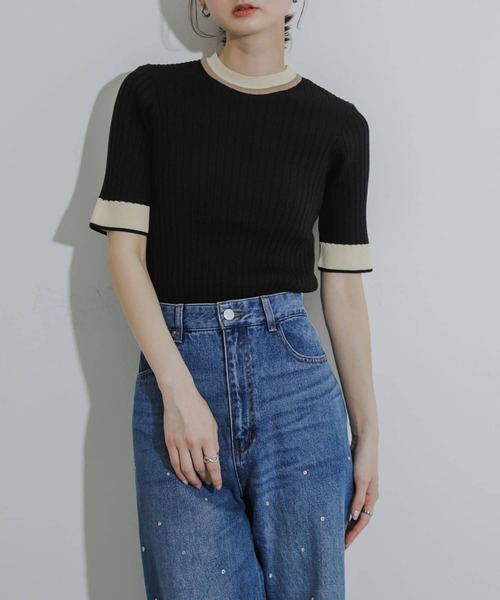 SENSE OF PLACE by URBAN RESEARCH（センスオブプレイスバイアーバンリサーチ）の「バイカラーコンパクトセーター(5分袖)（ニット/セーター・レディース・ライトグレー/ブラック/ライトブルー/アイボリー/ネイビー/ブラウン・ONE）」の18枚目の写真