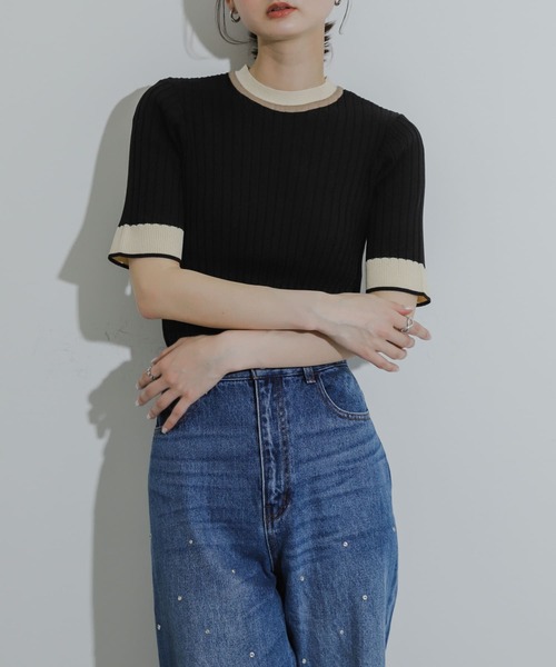 SENSE OF PLACE by URBAN RESEARCH（センスオブプレイスバイアーバンリサーチ）の「バイカラーコンパクトセーター(5分袖)（ニット/セーター・レディース・ライトグレー/ブラック/ライトブルー/アイボリー/ネイビー/ブラウン・ONE）」の19枚目の写真