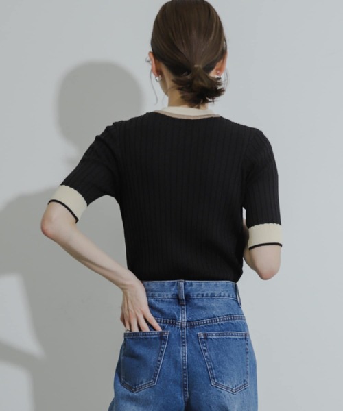 SENSE OF PLACE by URBAN RESEARCH（センスオブプレイスバイアーバンリサーチ）の「バイカラーコンパクトセーター(5分袖)（ニット/セーター・レディース・ライトグレー/ブラック/ライトブルー/アイボリー/ネイビー/ブラウン・ONE）」の22枚目の写真