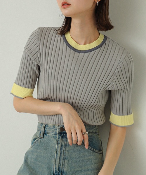 SENSE OF PLACE by URBAN RESEARCH（センスオブプレイスバイアーバンリサーチ）の「バイカラーコンパクトセーター(5分袖)（ニット/セーター・レディース・ライトグレー/ブラック/ライトブルー/アイボリー/ネイビー/ブラウン・ONE）」の3枚目の写真