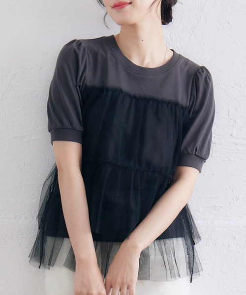 RETRO GIRL(レトロガール)の「チュールドッキングTEE(Tシャツ/カットソー・レディース・ライトオレンジ系/オフホワイト/チャコールグレー・FREE)」の3枚目の写真