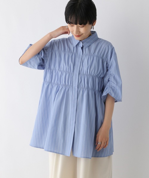 LEPSIM（レプシィム）の「シャーリング5分袖シャツ　124092（シャツ/ブラウス・レディース・ライム/チャコールグレー/ブルー/オフホワイト・FREE）」の4枚目の写真