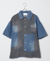 半袖デニムパッチワークシャツ