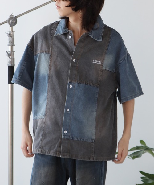 ROOPTOKYO（ループトウキョウ）の「半袖デニムパッチワークシャツ（シャツ/ブラウス・メンズ・インディゴブルー・M/L/XL）」の10枚目の写真