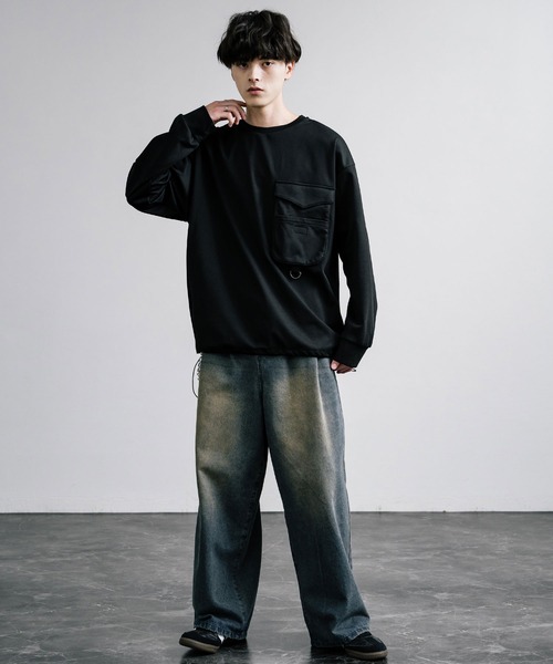 Rocky Monroe（ロッキーモンロー）の「裏起毛カットカルゼ ドローコードロンT/長袖Tシャツ（Tシャツ/カットソー・メンズ・ブラック/ダークグレー/グレイッシュベージュ・L/LL/M）」の7枚目の写真
