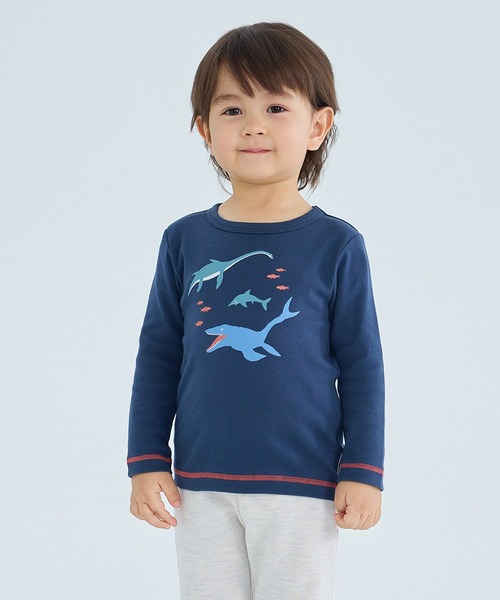 combimini(コンビミニ)の「やわらか長袖Tシャツ(恐竜)(Tシャツ/カットソー・キッズ・ネイビー/イエロー・90/110/120/80/130/100)」の2枚目の写真