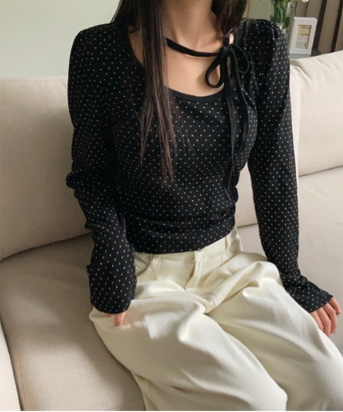 by muni:r（バイ ムニール）の「ドットロングスリーブUネックTシャツ（Tシャツ/カットソー・レディース・ブラック/クリーム・FREE）」の3枚目の写真