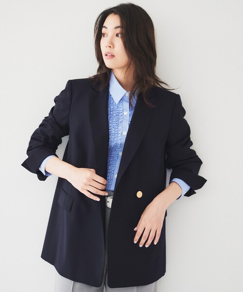 UNTITLED（アンタイトル）の「【通勤/春の軽羽織り】サマーウール調 ダブルブレストジャケット（テーラードジャケット・レディース・グレー/ネイビー・44/46/48/50/42/00/01/02/03/04）」の2枚目の写真
