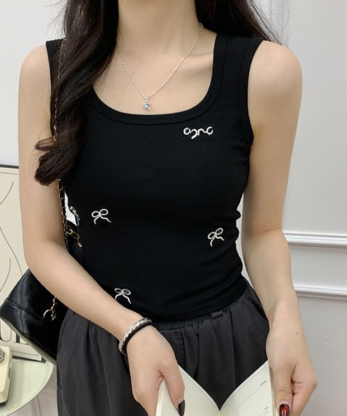 Revo.(レボ)の「【パッド付き】ミニリボン 刺繍 キャミソール タンクトップ ブラトップ(タンクトップ・レディース・アイボリー/ブラック/グレー・FREE)」の2枚目の写真