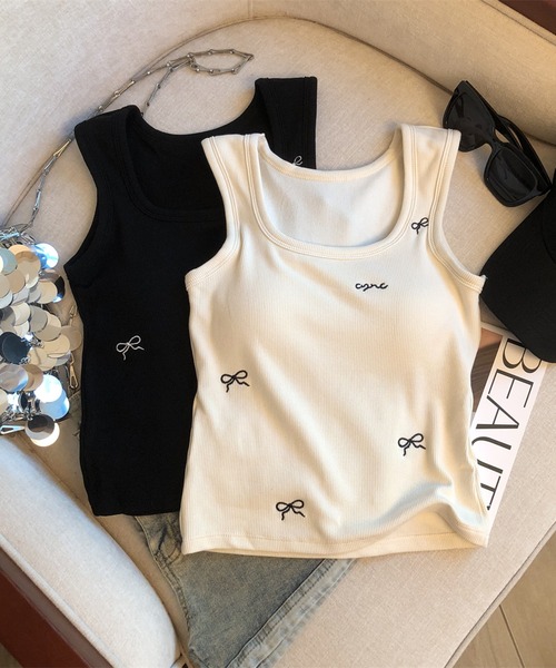 Revo.(レボ)の「【パッド付き】ミニリボン 刺繍 キャミソール タンクトップ ブラトップ(タンクトップ・レディース・アイボリー/ブラック/グレー・FREE)」の9枚目の写真