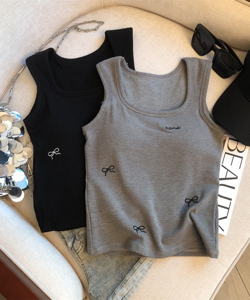 Revo.(レボ)の「【パッド付き】ミニリボン 刺繍 キャミソール タンクトップ ブラトップ(タンクトップ・レディース・アイボリー/ブラック/グレー・FREE)」の10枚目の写真