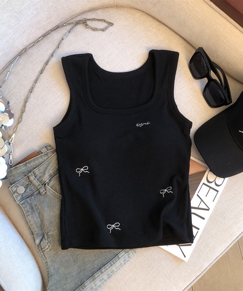 Revo.(レボ)の「【パッド付き】ミニリボン 刺繍 キャミソール タンクトップ ブラトップ(タンクトップ・レディース・アイボリー/ブラック/グレー・FREE)」の7枚目の写真