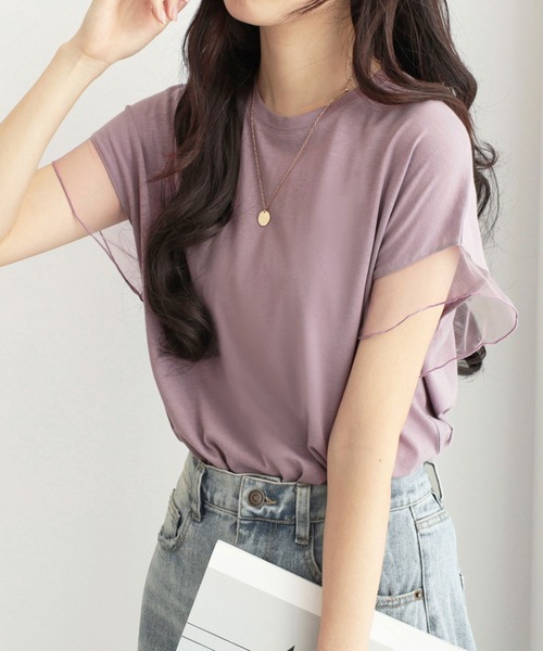 alotta(アロッタ)の「チュールの抜け感が可愛いく涼しい! 袖チュールデザイン綿混Tシャツ【6サイズ展開】(Tシャツ/カットソー・レディース・ライトグリーン/ブラック/ダークラベンダー/グレイッシュベージュ/ネイビー/ホワイト・LL/L/M/3L/4L/5L)」の6枚目の写真