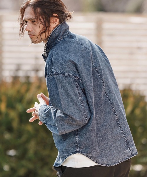 ms6023-レオパード襟切替ケミカルウォッシュ加工デニムシャツ（シャツ