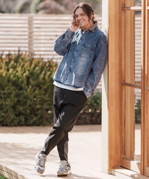 ms6023-レオパード襟切替ケミカルウォッシュ加工デニムシャツ（シャツ